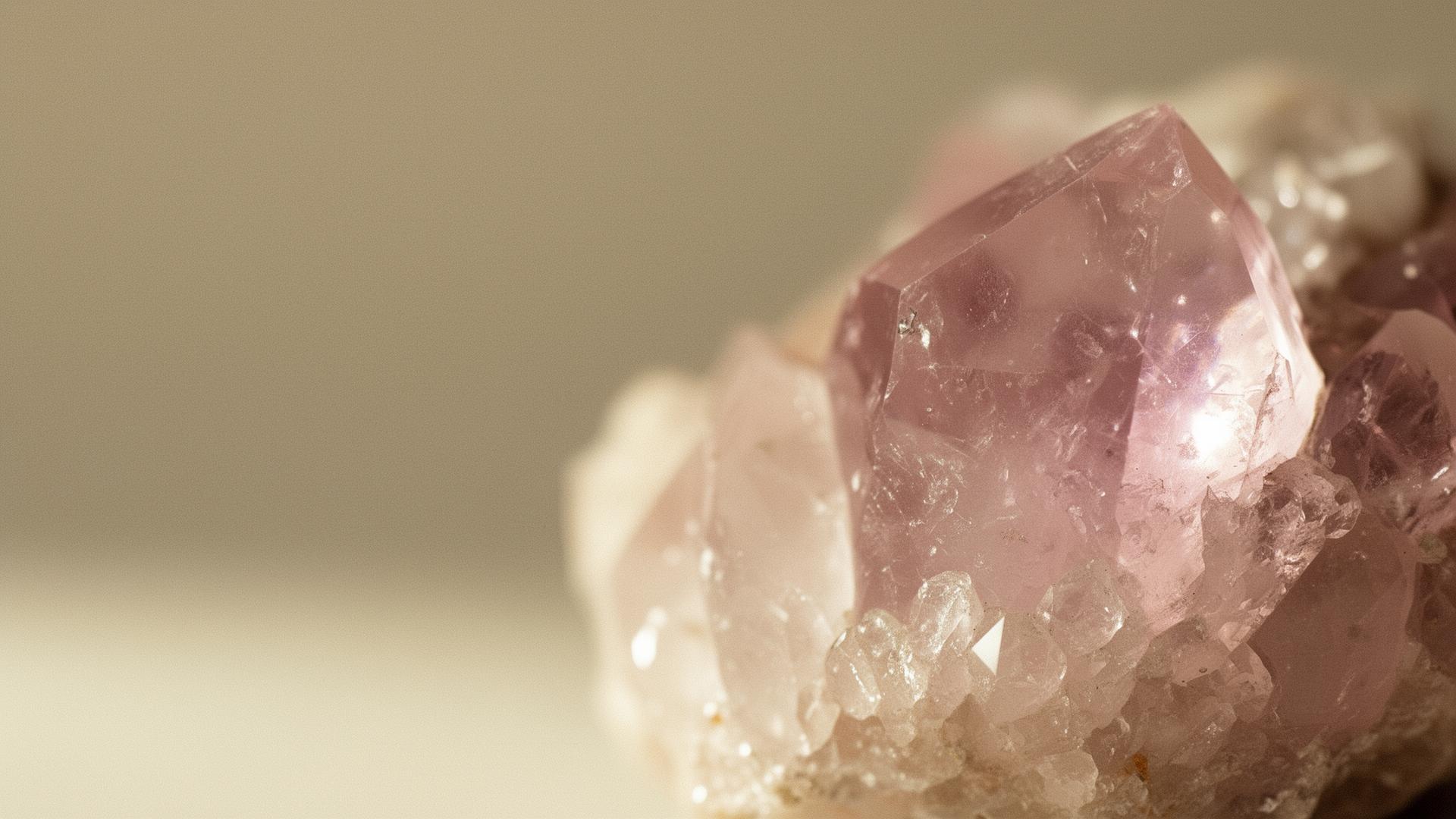A quiet workspace with a notebook, rose quartz crystal and ceramic cup